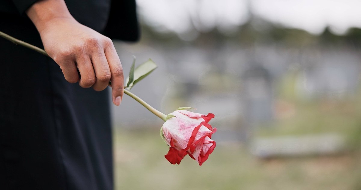 Mourner at graveyard holding a rose to be laid at a grave