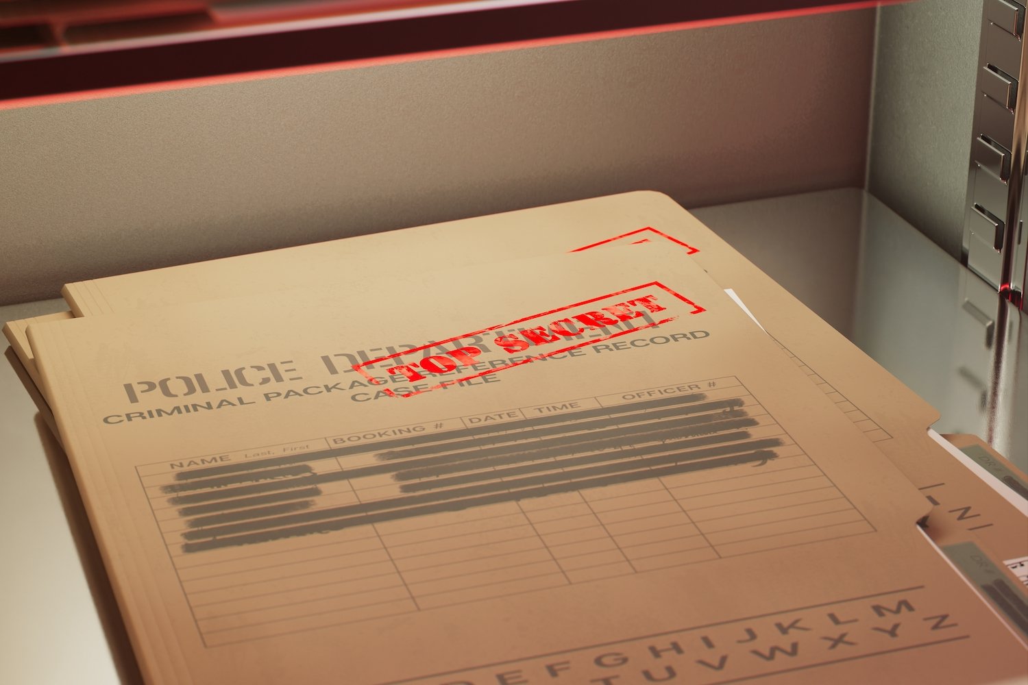 Police files in a drawer at a police station